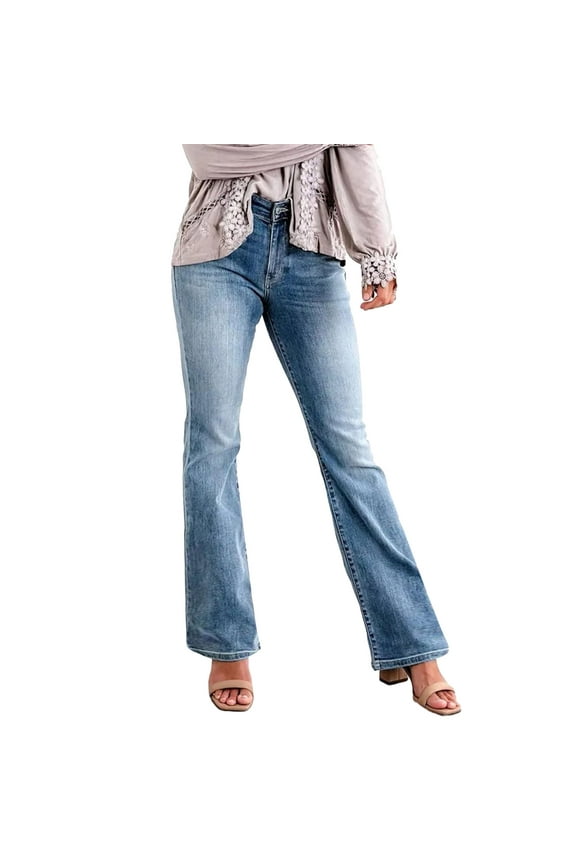 Women Bootcut Jeans With Pockets Slim Flare Empire Waist Stretch Fashion Denim Pants Trousers For Casual Daily Wear,Light Blue,Xs