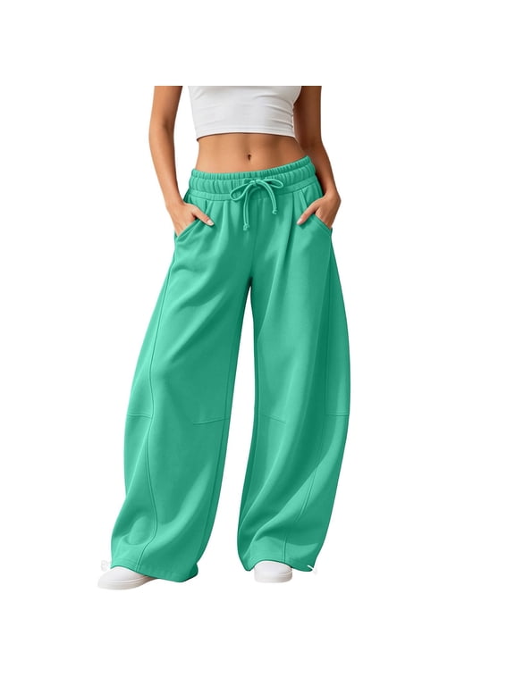 Women Bright Solid Wide Leg Pants Drawstring Elastic Waist Trousers Soft Knit Sweatpants,Mint Green,S