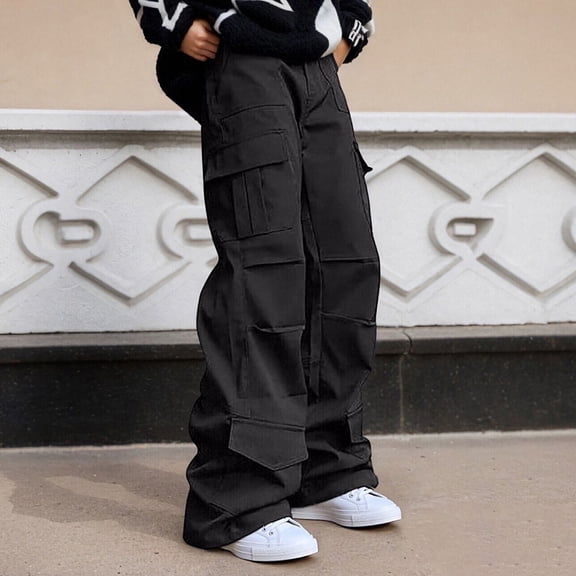 ZHOGXU Women Cargo Pants With Pockets High Waisted Solid Color Straight Fit Comfortable Fashion Trousers For Casual Daily Wear Black M