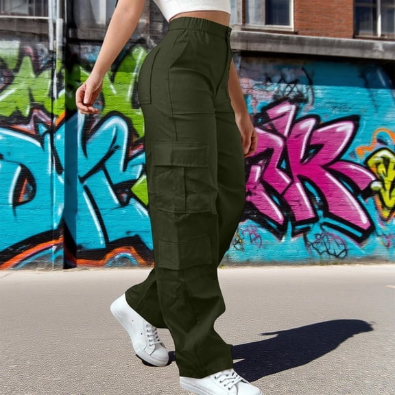 ZHOGXU Women Cargo Pants With Pockets High Waisted Solid Color Straight Fit Comfortable Fashion Trousers For Casual Daily Wear Green Xxl