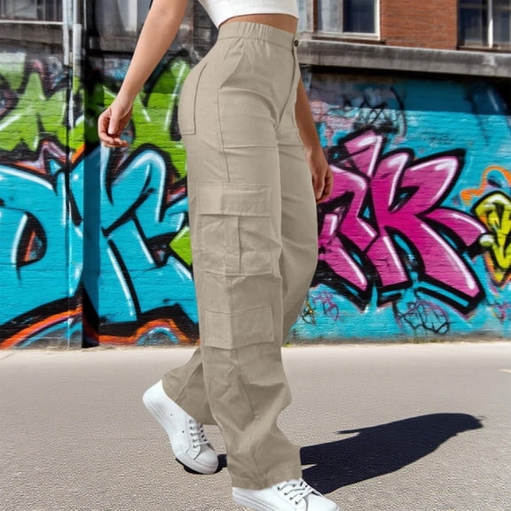 ZHOGXU Women Cargo Pants With Pockets High Waisted Solid Color Straight Fit Comfortable Fashion Trousers For Casual Daily Wear Wh2 Xl