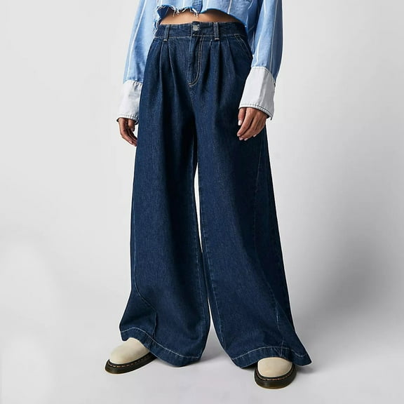 ZHOGXU Women Casual Jeans With Pocket Solid Color High Waist Wide Leg Straight Fit Casual Loose Demin Pants Trousers For Outdoor Activities,Dark Blue,Xs