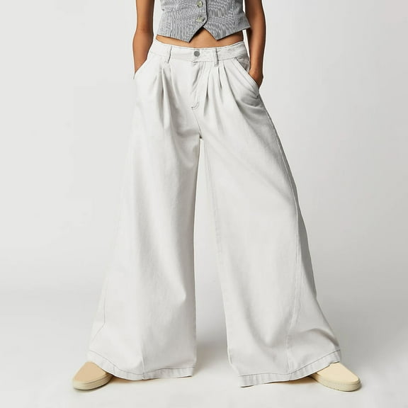 ZHOGXU Women Casual Jeans With Pocket Solid Color High Waist Wide Leg Straight Fit Casual Loose Demin Pants Trousers For Outdoor Activities,White,S