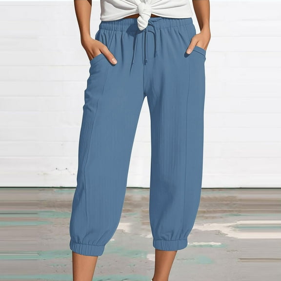 ZHOGXU Women Casual Pant With Pocket Straight Leg Solid Color Drawstring Elastic Waist Calf Length Comfortable Lightweight Trousers For Outdoor Activities，Blue，Xxl