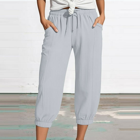 ZHOGXU Women Casual Pant With Pocket Straight Leg Solid Color Drawstring Elastic Waist Calf Length Comfortable Lightweight Trousers For Outdoor Activities,Grey,Xxl