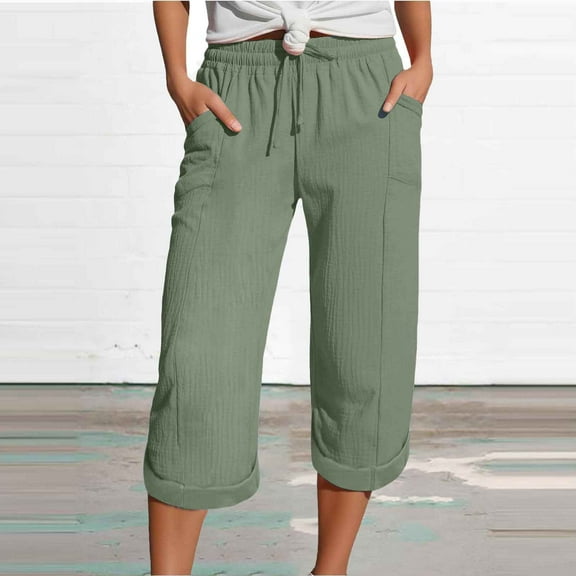 ZHOGXU Women Casual Pant With Pocket Straight Leg Solid Color Drawstring Elastic Waist Calf Length Comfortable Lightweight Trousers For Outdoor Activities，Green，S