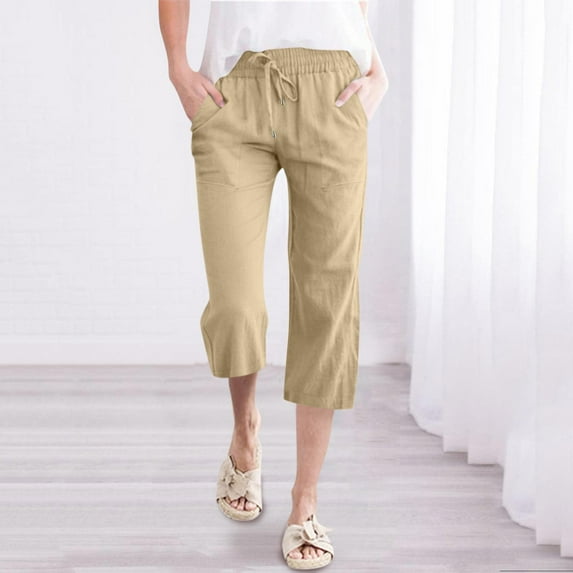 ZHOGXU Women Casual Pant With Pocket Wide Leg Straight Leg Solid Color Drawstring Elastic Waist Calf Length Comfortable Lightweight Trousers For Daily Wear，Khaki，Xl
