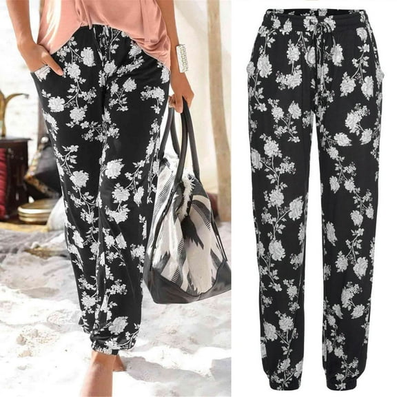 ZHOGXU Women Casual Pants With Pockets Flower Printing High Waist Drawstring Comfortable Fashion Trousers For Holiday Vacation Beach，White，L