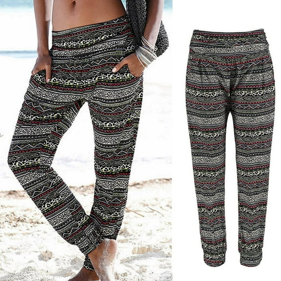 ZHOGXU Women Casual Pants With Pockets Printing High Waist Bohemian Comfortable Fashion Trousers For Holiday Vacation Beach，Black，L