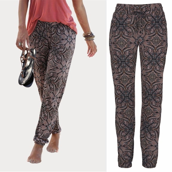 ZHOGXU Women Casual Pants With Pockets Printing High Waist Bohemian Comfortable Fashion Trousers For Holiday Vacation Beach，Brown，S