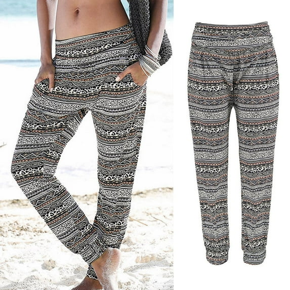 ZHOGXU Women Casual Pants With Pockets Printing High Waist Bohemian Comfortable Fashion Trousers For Holiday Vacation Beach,Grey,Xl