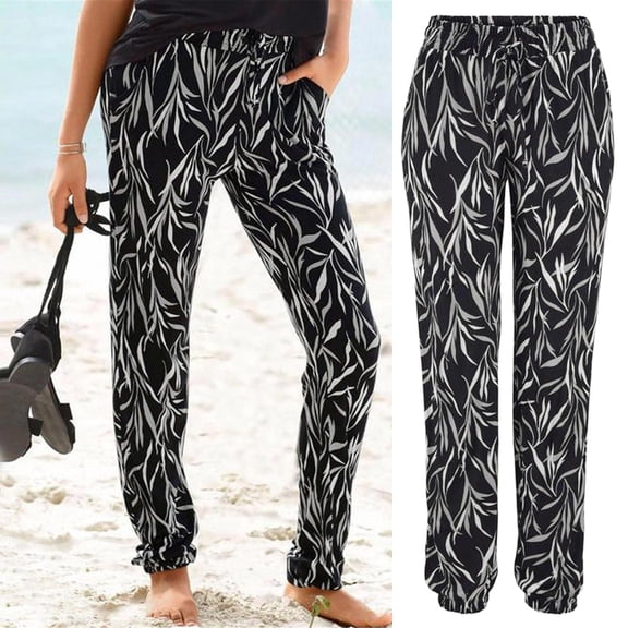 ZHOGXU Women Casual Pants With Pockets Printing High Waist Bohemian Comfortable Fashion Trousers For Holiday Vacation Beach，White，S