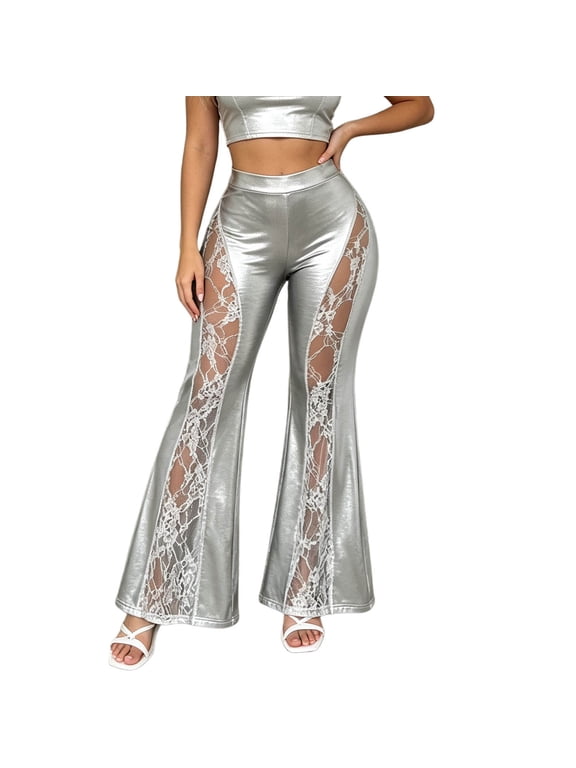 Women Faux Leather Flare Pants High Waist Lace Panel Sheer Mesh Trousers Slim Fit Nightclub Pant,Silver,M