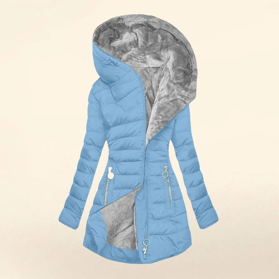 ZHOGXU Women Hooded Coat With Pocket Long Sleeve Solid Color Zipper Plush Comfortable Fashion Warm Jacket Top For Attumn Winter Daily Wear Light Blue S