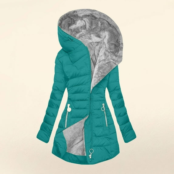 ZHOGXU Women Hooded Coat With Pocket Long Sleeve Solid Color Zipper Plush Comfortable Fashion Warm Jacket Top For Attumn Winter Daily Wear Navy M