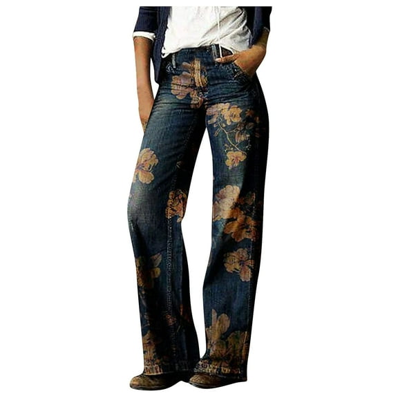 ZHOGXU Women Jeans High Waisted Flower Print Straight Leg Stretchable Fashionable Denim Pants Trousers With Pockets For Daily Wear Yellow L