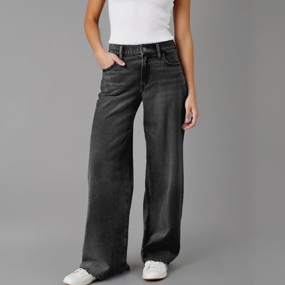 ZHOGXU Women Jeans High Waisted Solid Color Wide Leg Straight Fit Fashion Denim Pants Trousers With Pockets For Daily Wear Grey S