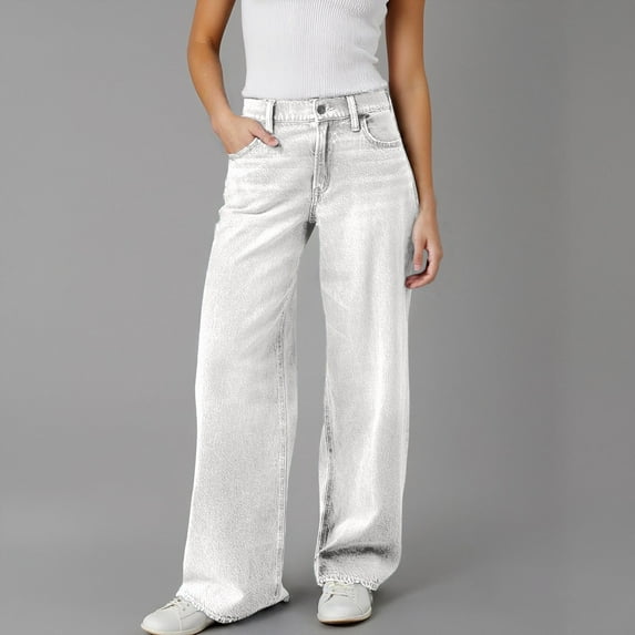 ZHOGXU Women Jeans High Waisted Solid Color Wide Leg Straight Fit Fashion Denim Pants Trousers With Pockets For Daily Wear White Xxxxxxl