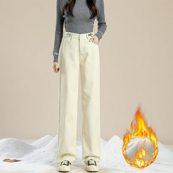 ZHOGXU Women Jeans With Pocket Velvet Thickened Wide Leg High Waist Straight Fit Solid Color Trendy Comfortable Denim Pants Trousers For Everyday Wear,Beige,L