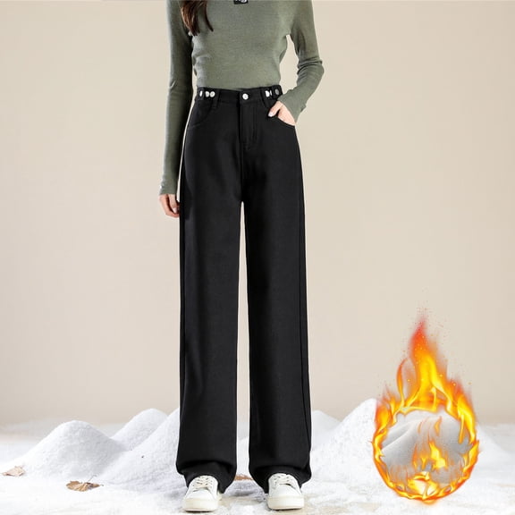 ZHOGXU Women Jeans With Pocket Velvet Thickened Wide Leg High Waist Straight Fit Solid Color Trendy Comfortable Denim Pants Trousers For Everyday Wear,Black,S