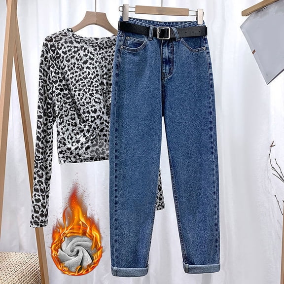 ZHOGXU Women Jeans With Sashes Belt Velvet Thickened Wide Leg High Waist Straight Fit Solid Color Pocket Comfortable Denim Pants Trousers For Everyday Wear,Dark Blue,M