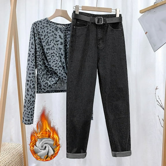 ZHOGXU Women Jeans With Sashes Belt Velvet Thickened Wide Leg High Waist Straight Fit Solid Color Pocket Comfortable Denim Pants Trousers For Everyday Wear,Grey,Xl