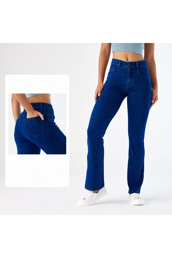 Women Jeans With Pocket Elastic Pull On Skinny Flared Comfortable Breathable Denim Pants Trousers For Outdoor Activities,Dark Blue,Xl