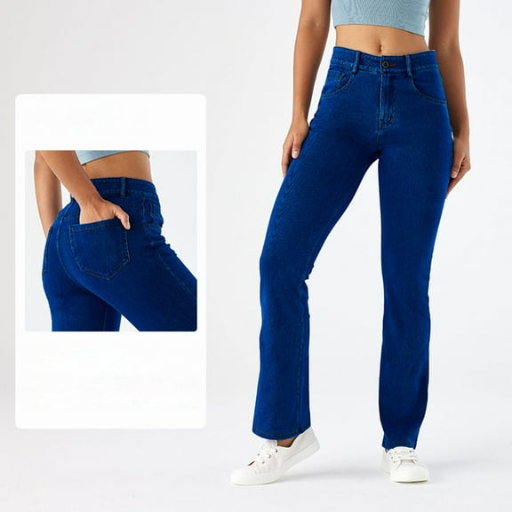 ZHOGXU Women Jeans With Pocket Elastic Pull On Skinny Flared Comfortable Breathable Denim Pants Trousers For Outdoor Activities,Dark Blue,Xs