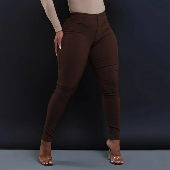 ZHOGXU Women Jeans With Pocket High Waisted Solid Color Slim Fit Stretch Fashion Denim Pants Trousers For Daily Wear,Brown,L