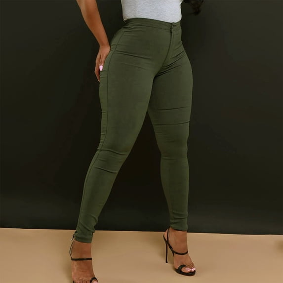 ZHOGXU Women Jeans With Pocket High Waisted Solid Color Slim Fit Stretch Fashion Denim Pants Trousers For Daily Wear,Green,Xl