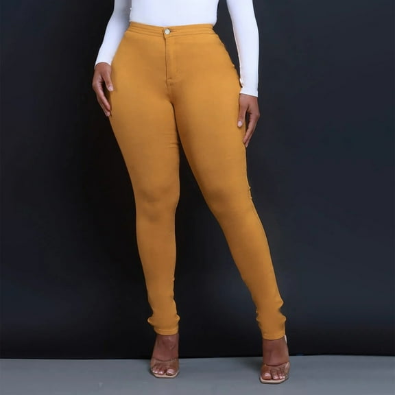 ZHOGXU Women Jeans With Pocket High Waisted Solid Color Slim Fit Stretch Fashion Denim Pants Trousers For Daily Wear,Orange,M