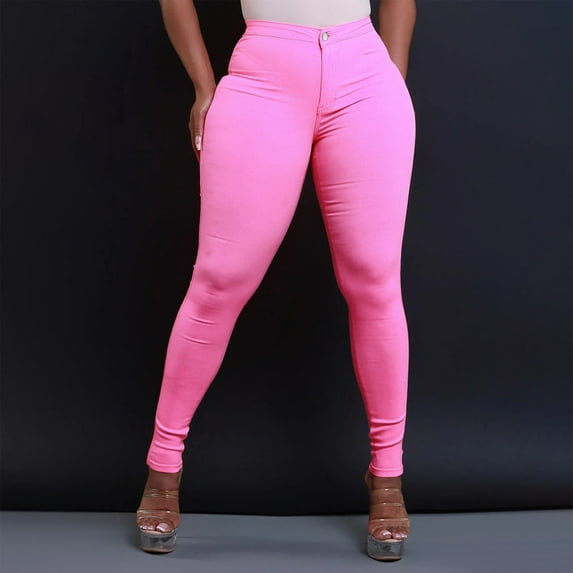 ZHOGXU Women Jeans With Pocket High Waisted Solid Color Slim Fit Stretch Fashion Denim Pants Trousers For Daily Wear,Pink,Xxl