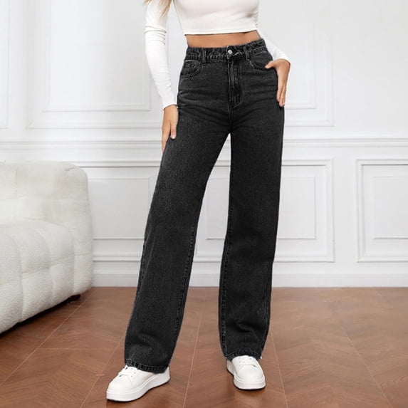 ZHOGXU Women Jeans With Pocket Solid Color Button Distressed Wide Leg Straight Fit Loose Fashion Denim Pants Trousers For Casual Daily Wear,Black,Xl