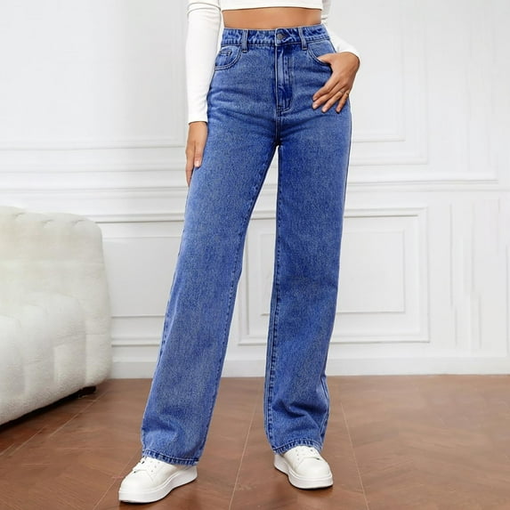 ZHOGXU Women Jeans With Pocket Solid Color Button Distressed Wide Leg Straight Fit Loose Fashion Denim Pants Trousers For Casual Daily Wear,Blue,L