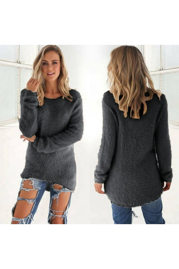 Women Knit Sweater Long Sleeve Round Neck Solid Color Loose Fit Comfortable Warm Pullover Tops For Casual Daily Wear Grey L
