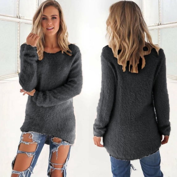 ZHOGXU Women Knit Sweater Long Sleeve Round Neck Solid Color Loose Fit Comfortable Warm Pullover Tops For Casual Daily Wear Grey L