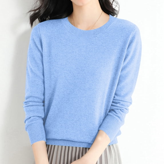 ZHOGXU Women Knit Sweater Long Sleeve Round Neck Solid Color Loose Fit Comfortable Warm Pullover Tops For Casual Daily Wear Light Blue Xxl