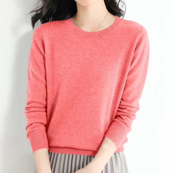 ZHOGXU Women Knit Sweater Long Sleeve Round Neck Solid Color Loose Fit Comfortable Warm Pullover Tops For Casual Daily Wear Watermelon Red Xl