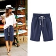 thumbnail image 1 of ZHOGXU Women Plus Size High Waisted Shorts With Pocket Drawstring Elastic Waist Solid Color Knee Length Comfortable Breathable Shorts For Outdoor Activities，Dark Blue，Xxl, 1 of 4