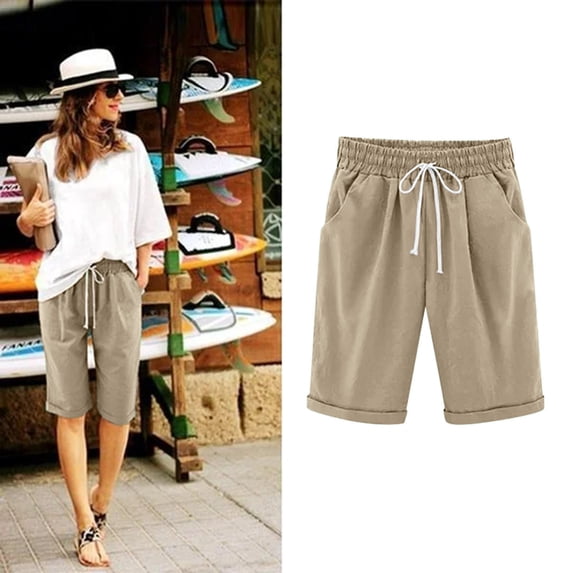 ZHOGXU Women Plus Size High Waisted Shorts With Pocket Drawstring Elastic Waist Solid Color Knee Length Comfortable Breathable Shorts For Outdoor Activities,Khaki,Xxxl