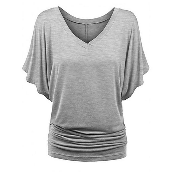 ZHOGXU Women Plus Size T Shirts Batwing Sleeve V Neck Solid Color Hem Pleated Loose Fashion Tee Top For Casual Daily Wear,Grey,M