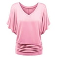 thumbnail image 1 of ZHOGXU Women Plus Size T Shirts Batwing Sleeve V Neck Solid Color Hem Pleated Loose Fashion Tee Top For Casual Daily Wear,Pink,S, 1 of 3