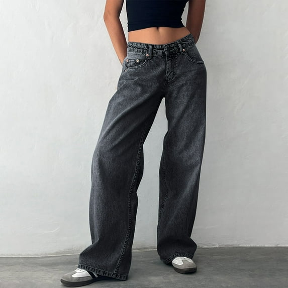ZHOGXU Women Retro Jeans Dropped Waist Distressed Straight Fit Wide Leg Fashion Comfortable Denim Pants Trousers For Outdoor Activities,Dark Gray,M