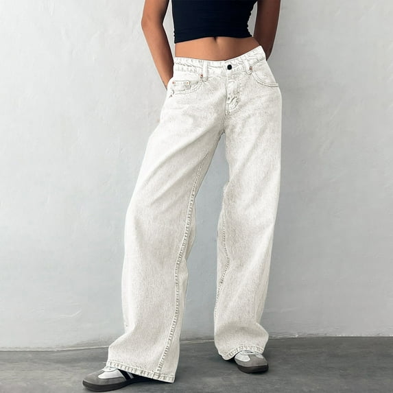 ZHOGXU Women Retro Jeans Dropped Waist Distressed Straight Fit Wide Leg Fashion Comfortable Denim Pants Trousers For Outdoor Activities,White,Xl