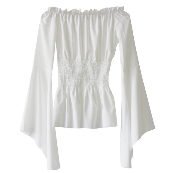 ZHOGXU Women'S Blouse Long Sleeve Flare Sleeve Off Shoulder Solid Color Retro Style Casual Loose Shirt Tops For Casual Daily Wear White S