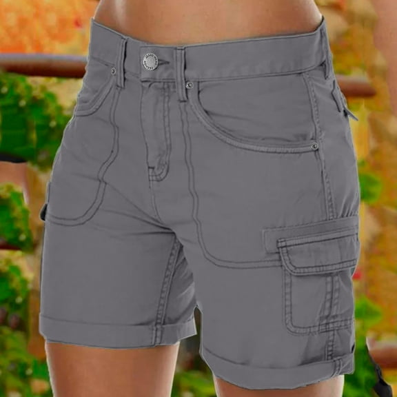 ZHOGXU Women'S Cargo Shorts With Pockets Solid Color Empire Waist Buttons Loose Fashion Shorts For Outdoor Activities，Grey，Xxl
