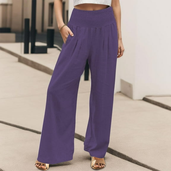 ZHOGXU Women'S Casual Pants Solid Color High Waist Wide Leg Straight Leg Loose Comfortable Trousers With Pockets For Daily Wear,Purple,M