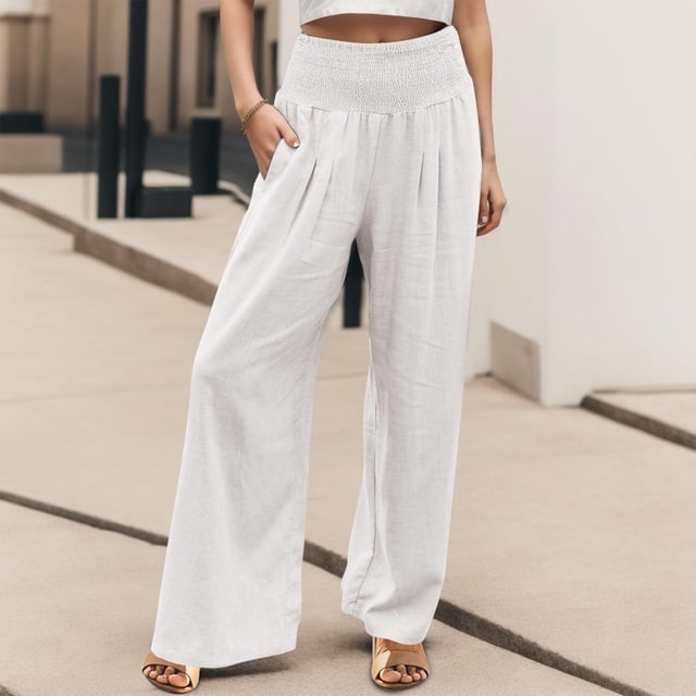 ZHOGXU Women'S Casual Pants Solid Color High Waist Wide Leg Straight Leg Loose Comfortable Trousers With Pockets For Daily Wear,White,Xl