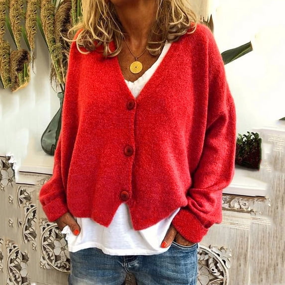 ZHOGXU Women'S Knit Cardigan V Neck Long Sleeve Solid Color Buttons Slim Fit Comfortable Fashion Sweater Coat For Casual Daily Wear Red M