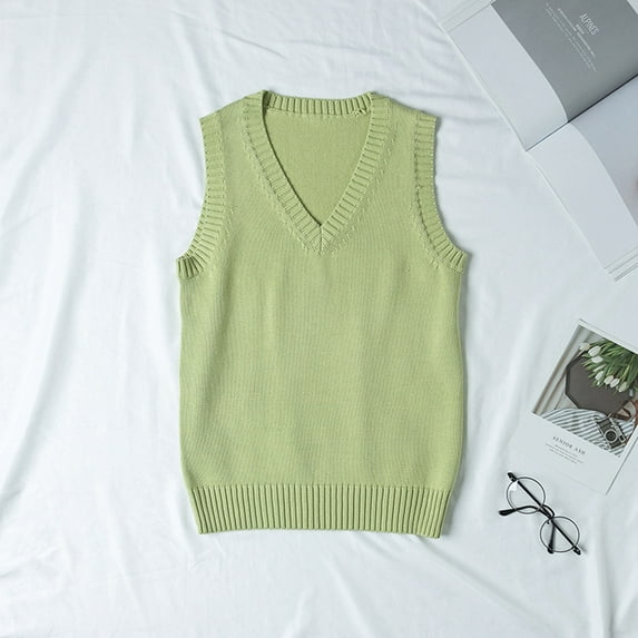 ZHOGXU Women'S Knit Vest Sleeveless V Neck Solid Color Loose Fit Warm Soft Fashion Pullover Sweater Top For Casual Daily Wear Green L